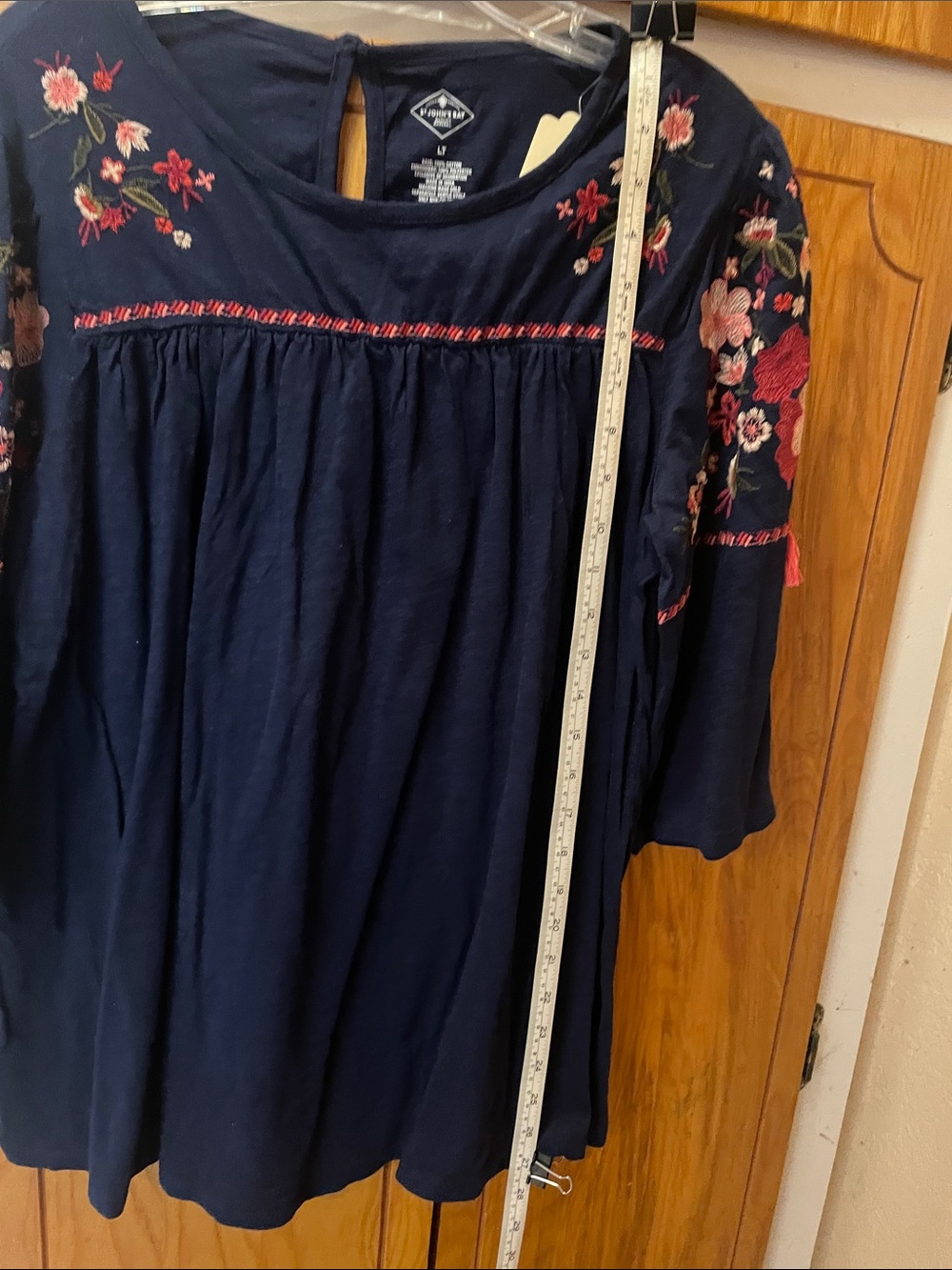 St. John's Bay Navy Tunic with Pink Floral Embroidery - Picture 6 of 7